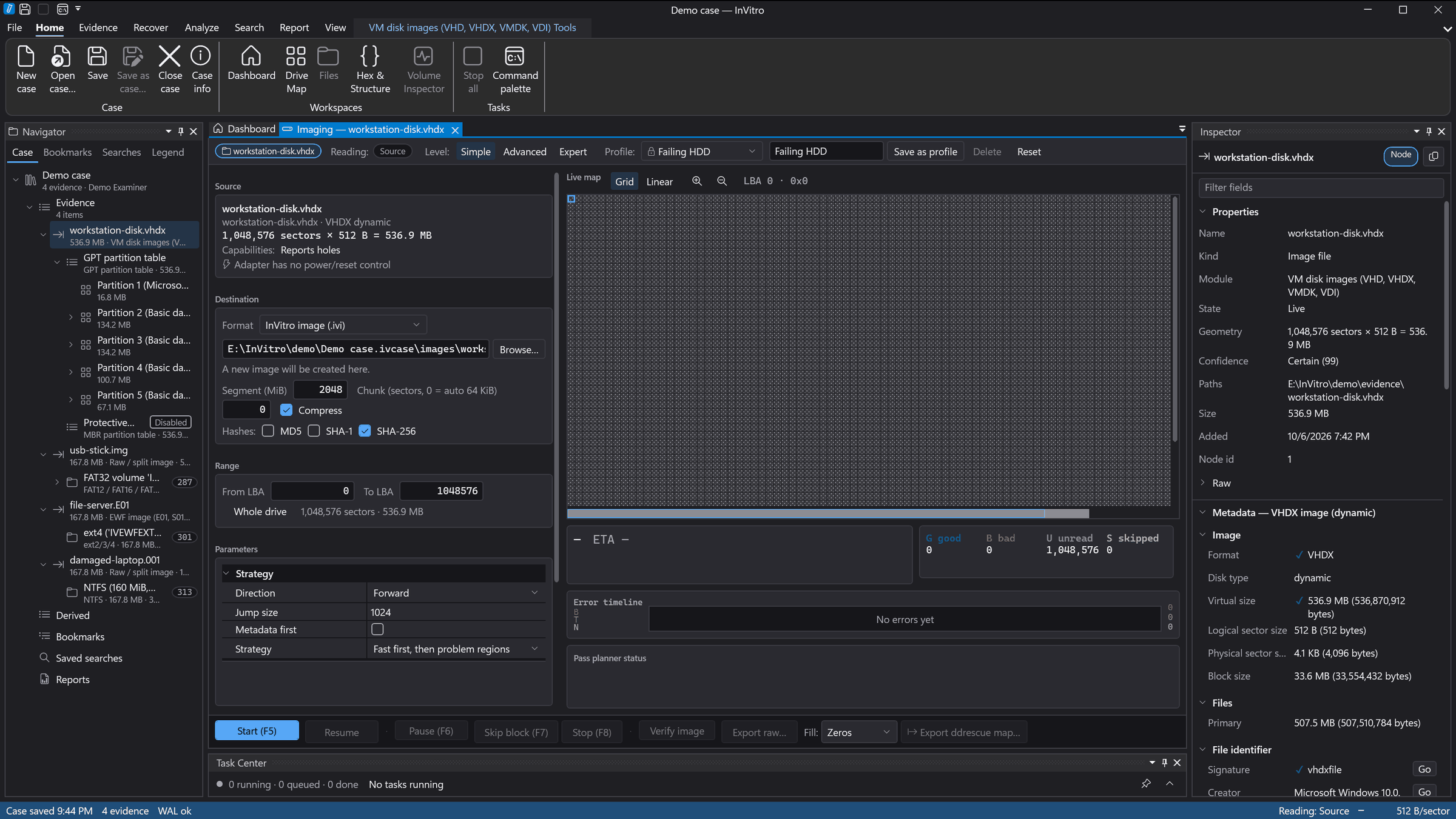 The Imaging workspace with source, destination format, segment size, hashes, sector range, live map and error timeline