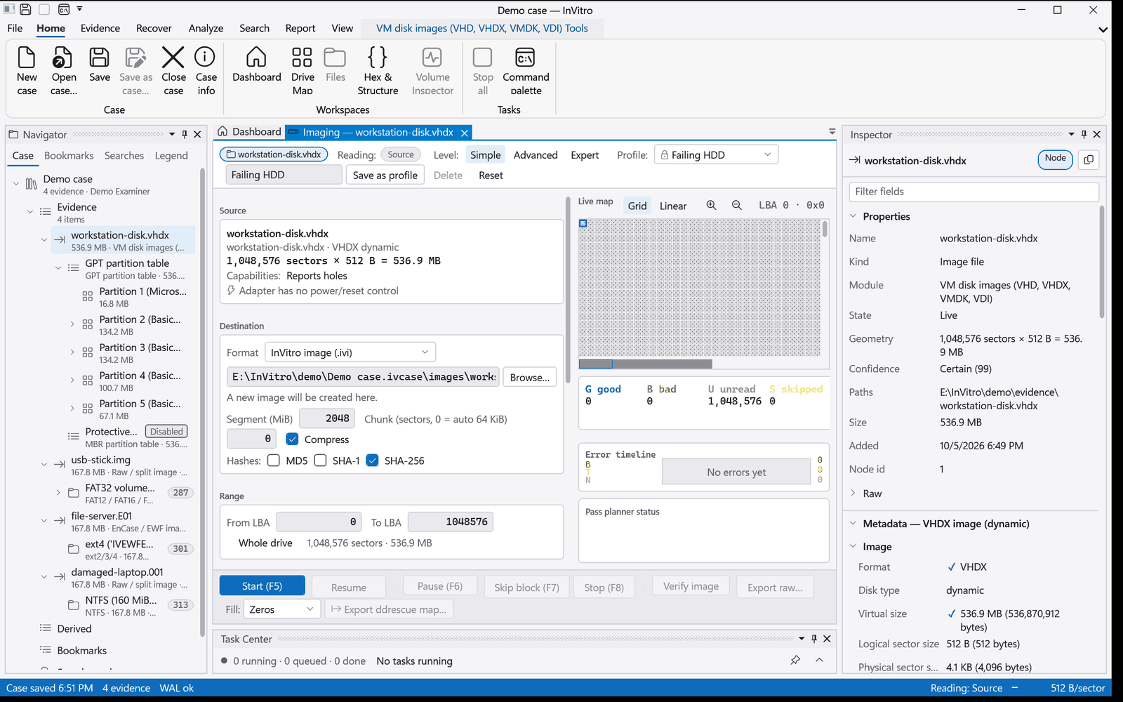 The imaging workspace with the Failing HDD profile, destination settings, a live map and the error timeline