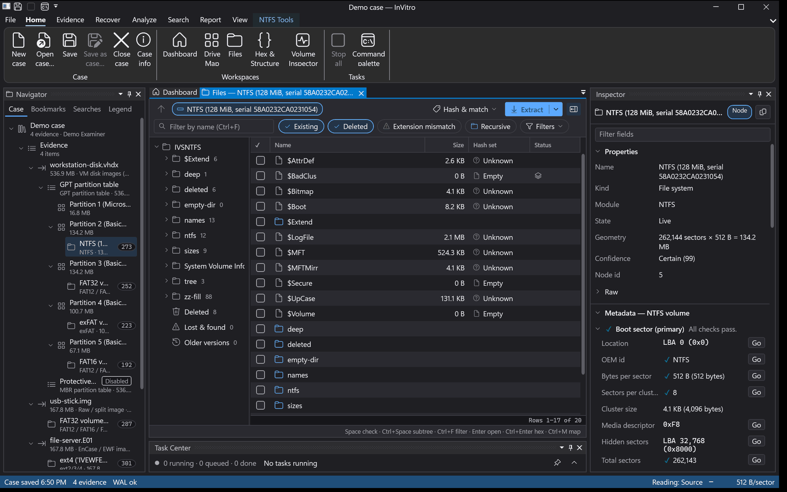 The main window in the dark theme with the case tree, the file browser and the Inspector