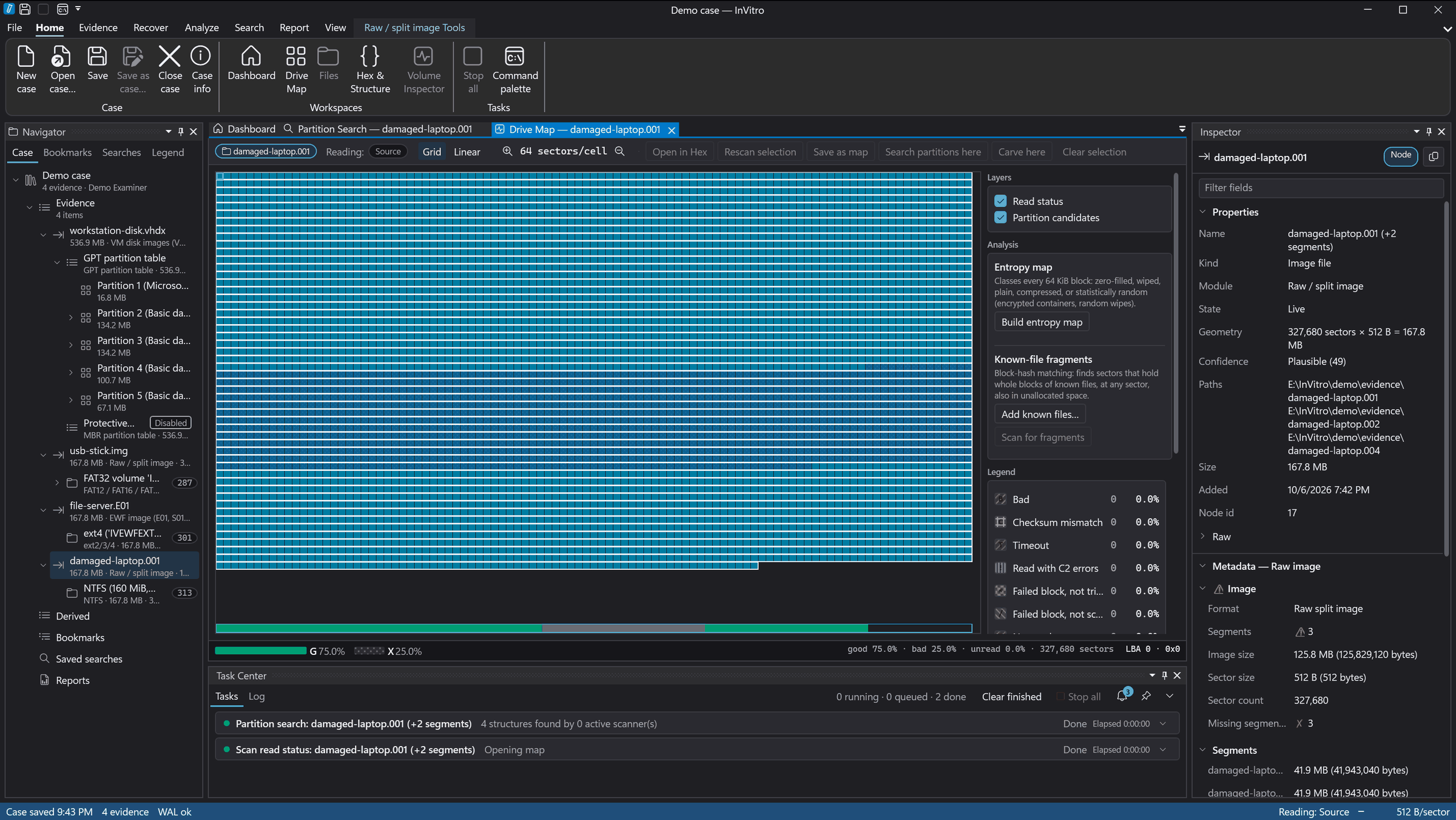 The drive map of a split raw image with a missing segment and partition candidates