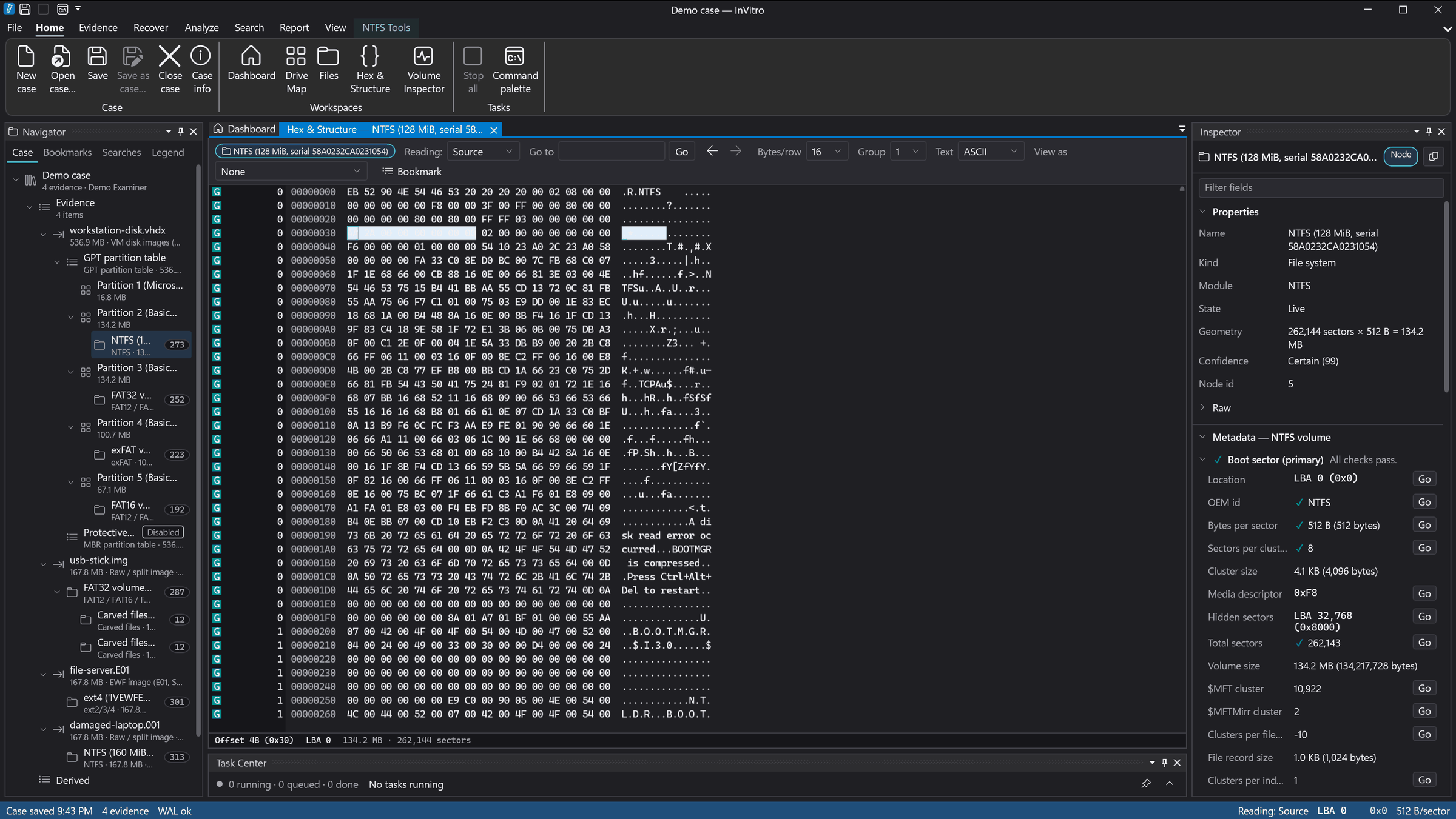 Hex and structure view of an NTFS boot sector with a read-status gutter and the decoded boot-sector fields, each with a Go button