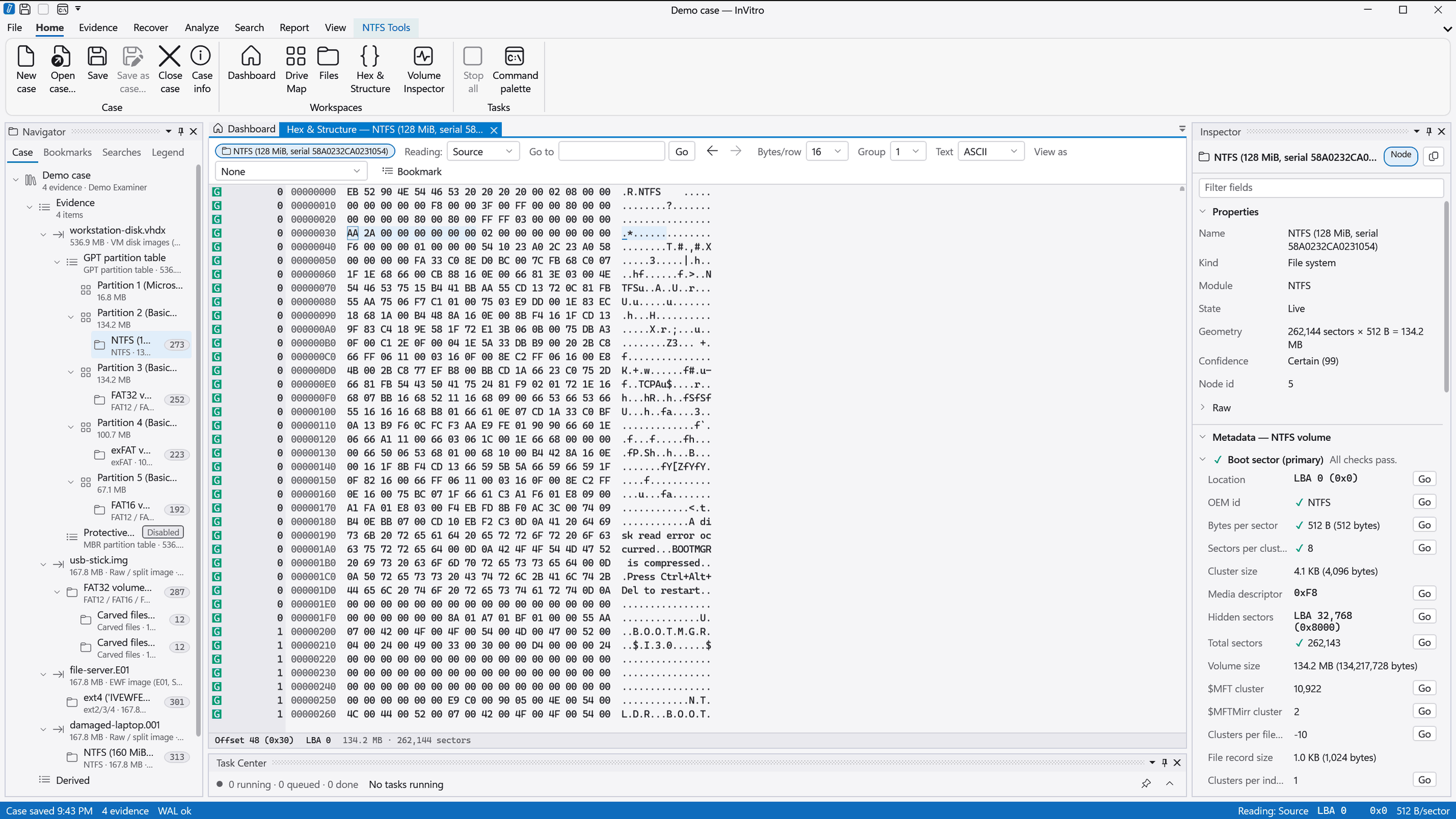The hex and structure view of an NTFS boot sector, with a status gutter and the Inspector listing decoded boot-sector fields with Go buttons