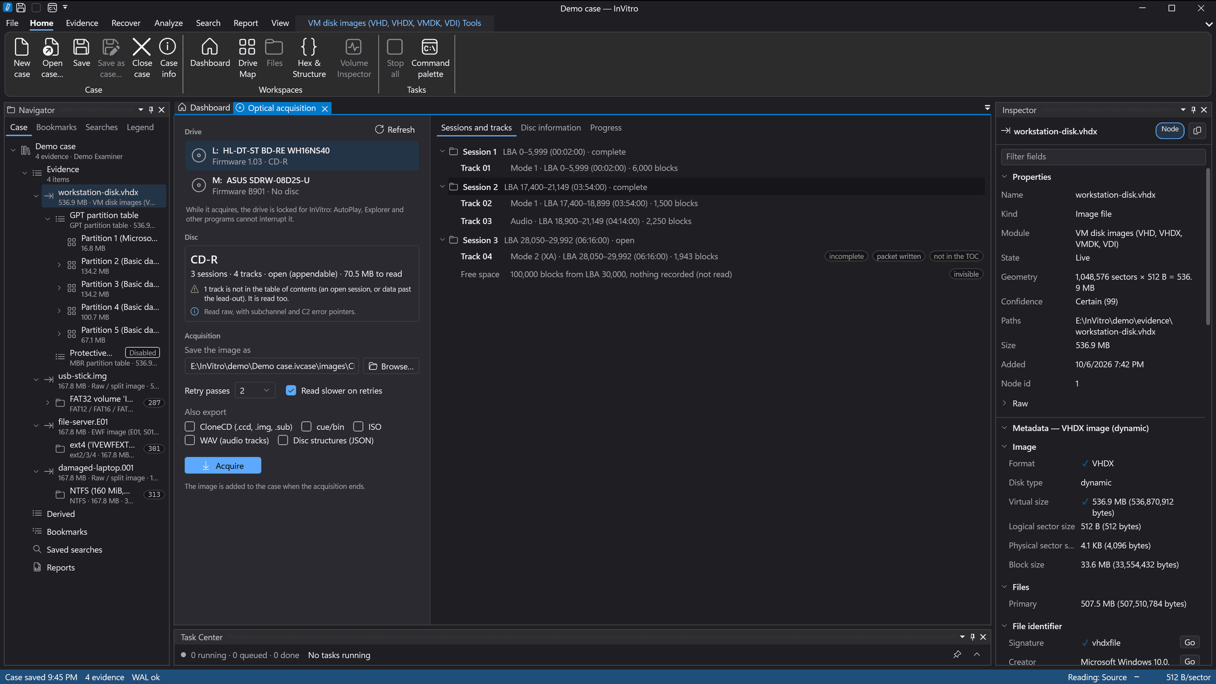 Optical acquisition of a CD-R with three sessions and four tracks on a simulated drive, with retry passes and export formats