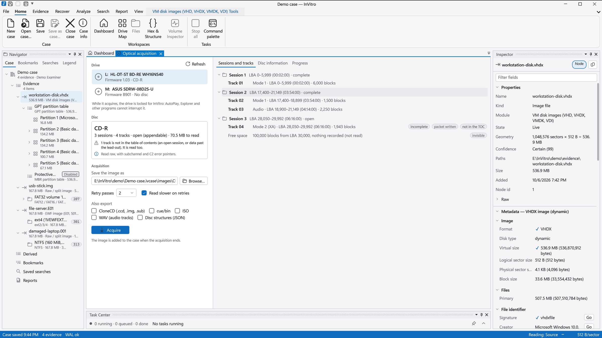 The optical acquisition workspace listing a CD-R with three sessions and four tracks, the drive list, retry options and export choices