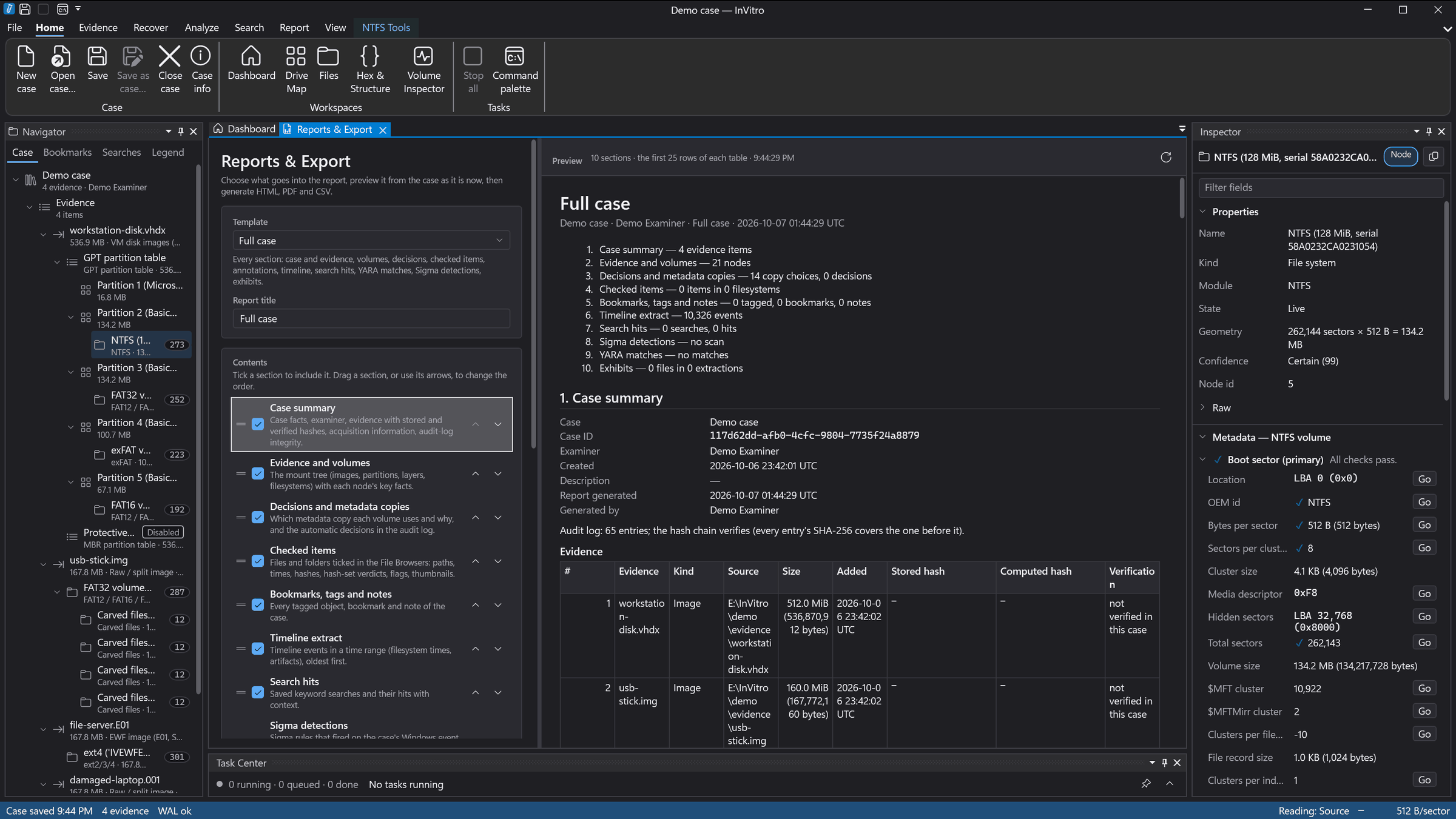 The Reports and Export workspace with the Full case template and its live preview