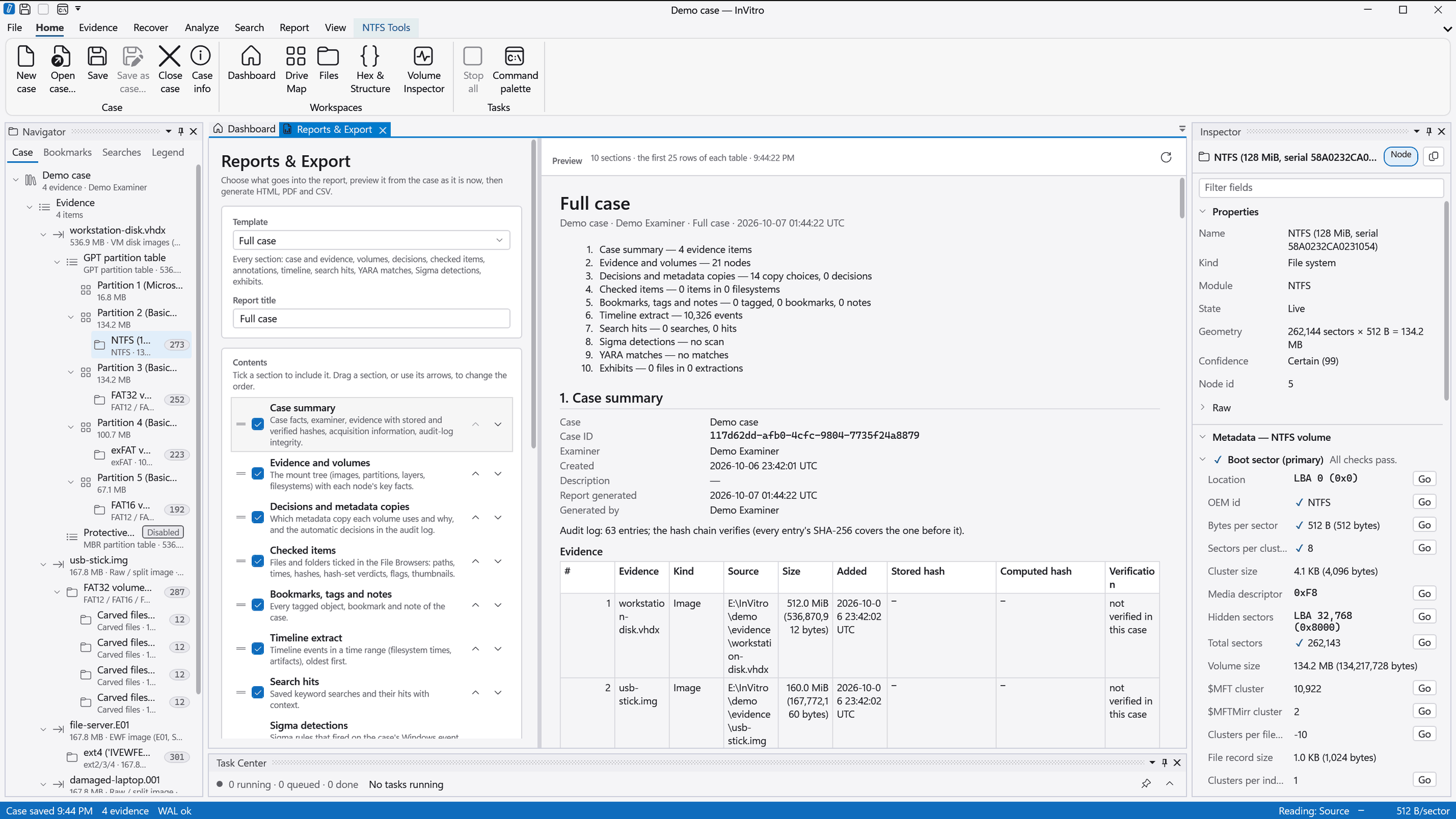 The Reports and Export workspace with a template, section toggles and a live preview of the Full case report