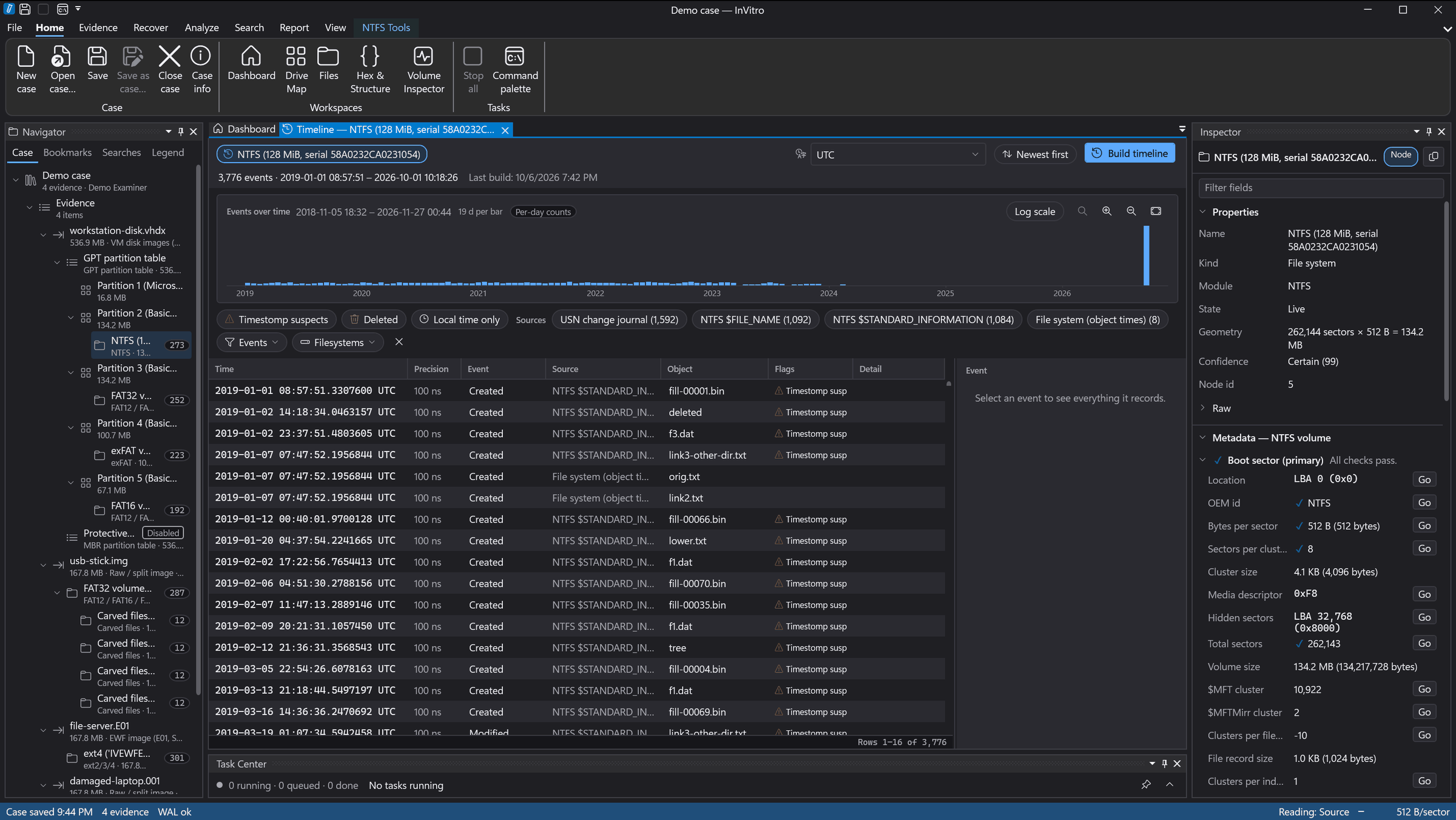 The Timeline workspace: a histogram of 3,776 events, filters by source and an event list with 100 ns precision